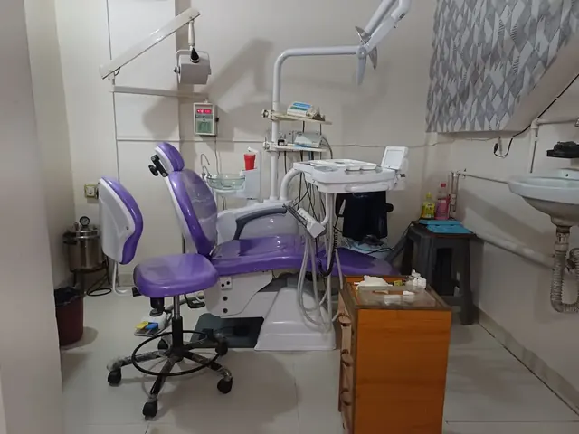 Purple dental chair in the treatment room